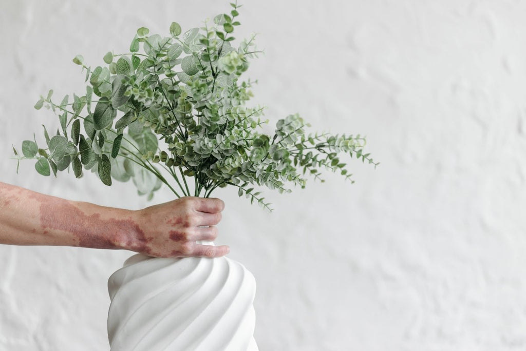 Sustainable home decor featuring recycled glass vases and eco-friendly wall art for a greener living space