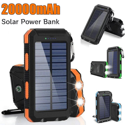20000mAh Solar Power Bank – Waterproof, Shockproof Portable Charger with Compass and LED Flashlight