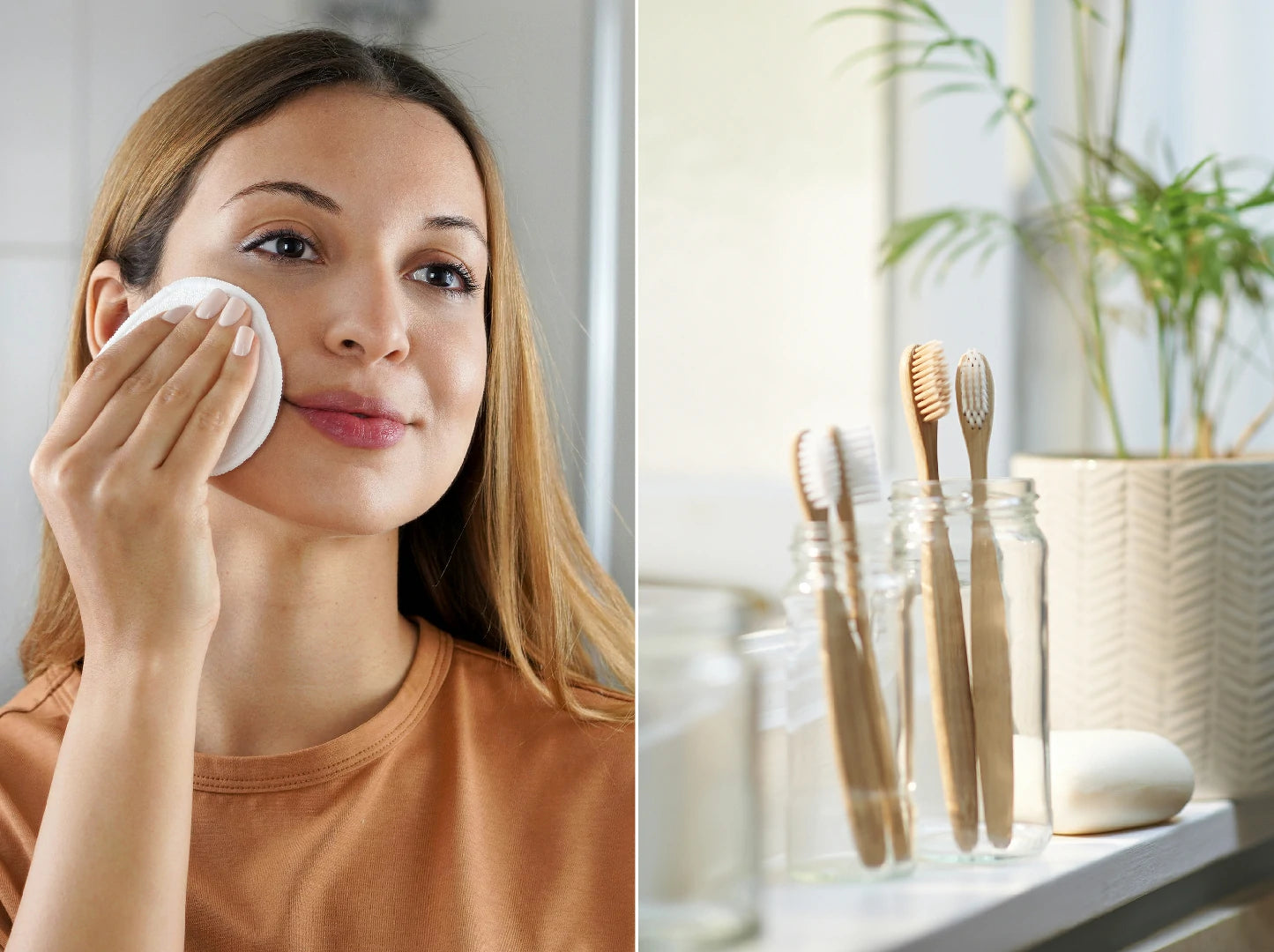 Woman applying cream to face with a cotton pad, next to bamboo toothbrushes in a glass jar.